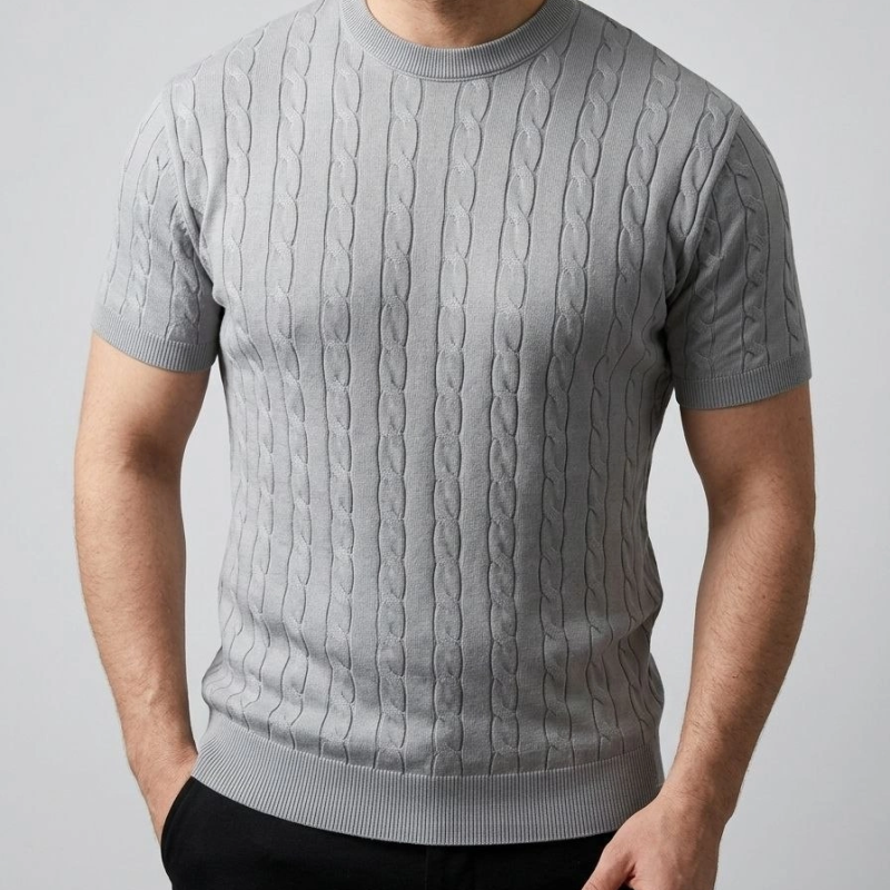 Erkek Yazlık Triko Dokuma Tişört Kısa Kol Bisiklet Yaka Örgü Desenli T-Shirt - Gri