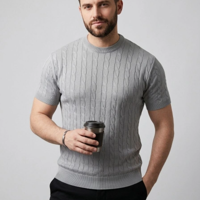 Erkek Yazlık Triko Dokuma Tişört Kısa Kol Bisiklet Yaka Örgü Desenli T-Shirt - Gri