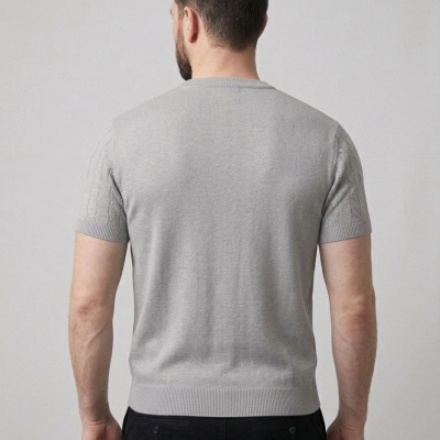 Erkek Yazlık Triko Dokuma Tişört Kısa Kol Bisiklet Yaka Örgü Desenli T-Shirt - Gri