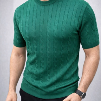 Erkek Yazlık Triko Dokuma Tişört Kısa Kol Bisiklet Yaka Örgü Desenli T-Shirt - Haki