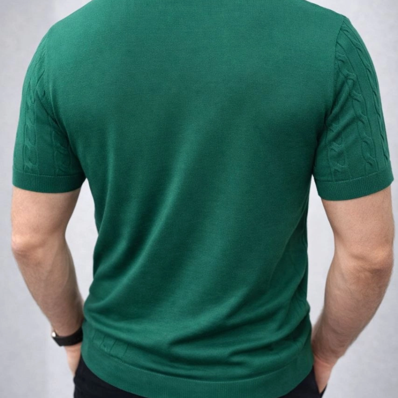 Erkek Yazlık Triko Dokuma Tişört Kısa Kol Bisiklet Yaka Örgü Desenli T-Shirt - Haki