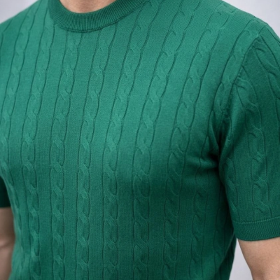 Erkek Yazlık Triko Dokuma Tişört Kısa Kol Bisiklet Yaka Örgü Desenli T-Shirt - Haki