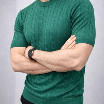 Erkek Yazlık Triko Dokuma Tişört Kısa Kol Bisiklet Yaka Örgü Desenli T-Shirt - Haki