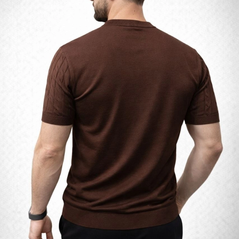 Erkek Yazlık Triko Dokuma Tişört Kısa Kol Bisiklet Yaka Örgü Desenli T-Shirt - Kahverengi