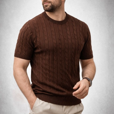Erkek Yazlık Triko Dokuma Tişört Kısa Kol Bisiklet Yaka Örgü Desenli T-Shirt - Kahverengi