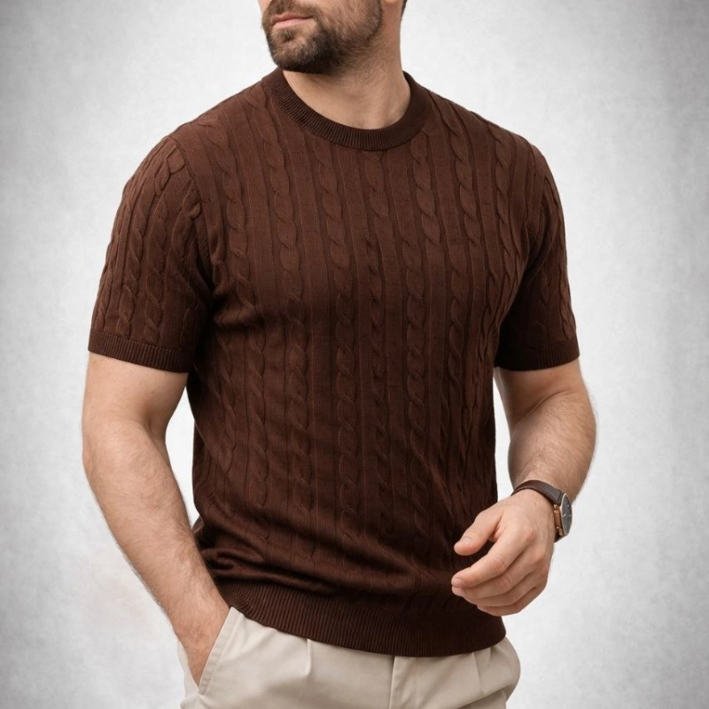 Erkek Yazlık Triko Dokuma Tişört Kısa Kol Bisiklet Yaka Örgü Desenli T-Shirt - Kahverengi