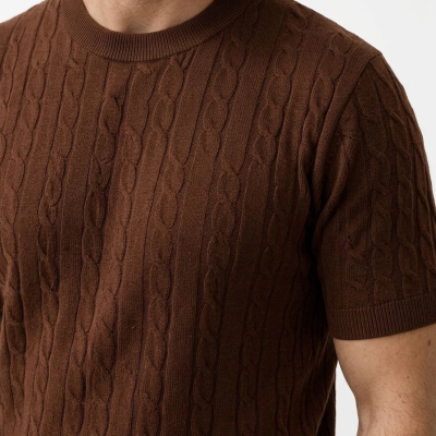 Erkek Yazlık Triko Dokuma Tişört Kısa Kol Bisiklet Yaka Örgü Desenli T-Shirt - Kahverengi