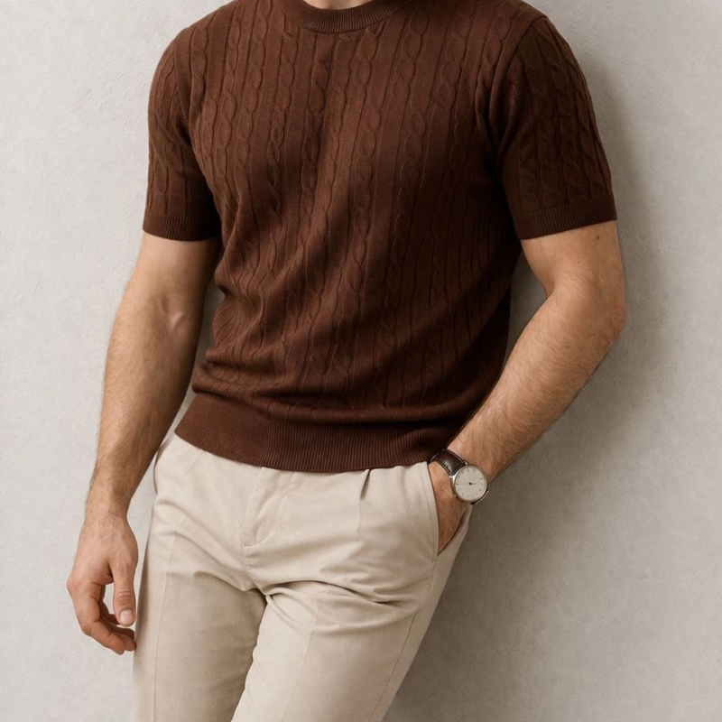 Erkek Yazlık Triko Dokuma Tişört Kısa Kol Bisiklet Yaka Örgü Desenli T-Shirt - Kahverengi