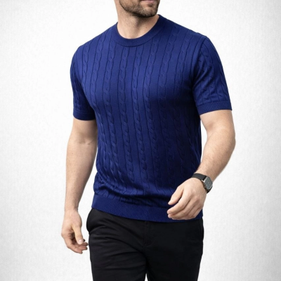 Erkek Yazlık Triko Dokuma Tişört Kısa Kol Bisiklet Yaka Örgü Desenli T-Shirt - Lacivert
