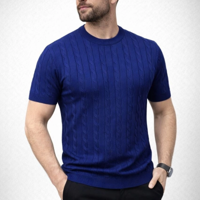 Erkek Yazlık Triko Dokuma Tişört Kısa Kol Bisiklet Yaka Örgü Desenli T-Shirt - Lacivert