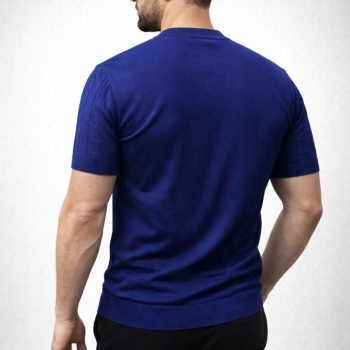 Erkek Yazlık Triko Dokuma Tişört Kısa Kol Bisiklet Yaka Örgü Desenli T-Shirt - Lacivert
