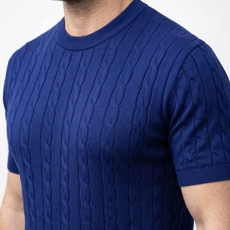 Erkek Yazlık Triko Dokuma Tişört Kısa Kol Bisiklet Yaka Örgü Desenli T-Shirt - Lacivert