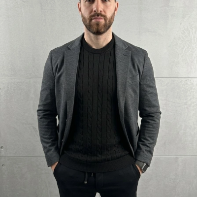 Erkek Yazlık Triko Dokuma Tişört Kısa Kol Bisiklet Yaka Örgü Desenli T-Shirt - Siyah