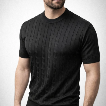 Erkek Yazlık Triko Dokuma Tişört Kısa Kol Bisiklet Yaka Örgü Desenli T-Shirt - Siyah
