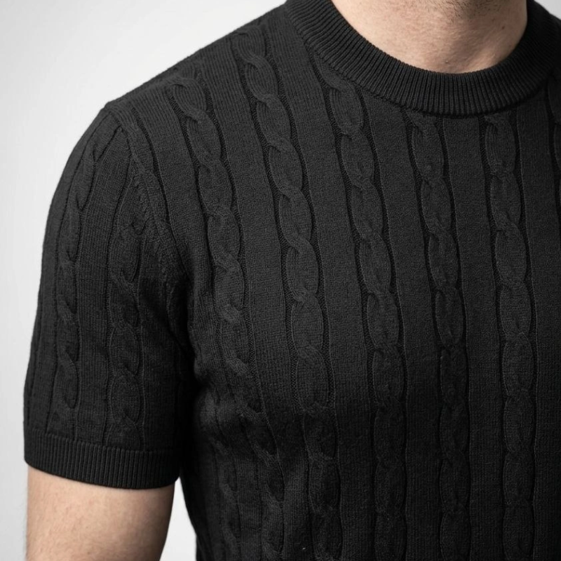 Erkek Yazlık Triko Dokuma Tişört Kısa Kol Bisiklet Yaka Örgü Desenli T-Shirt - Siyah