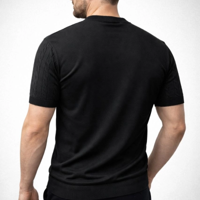 Erkek Yazlık Triko Dokuma Tişört Kısa Kol Bisiklet Yaka Örgü Desenli T-Shirt - Siyah