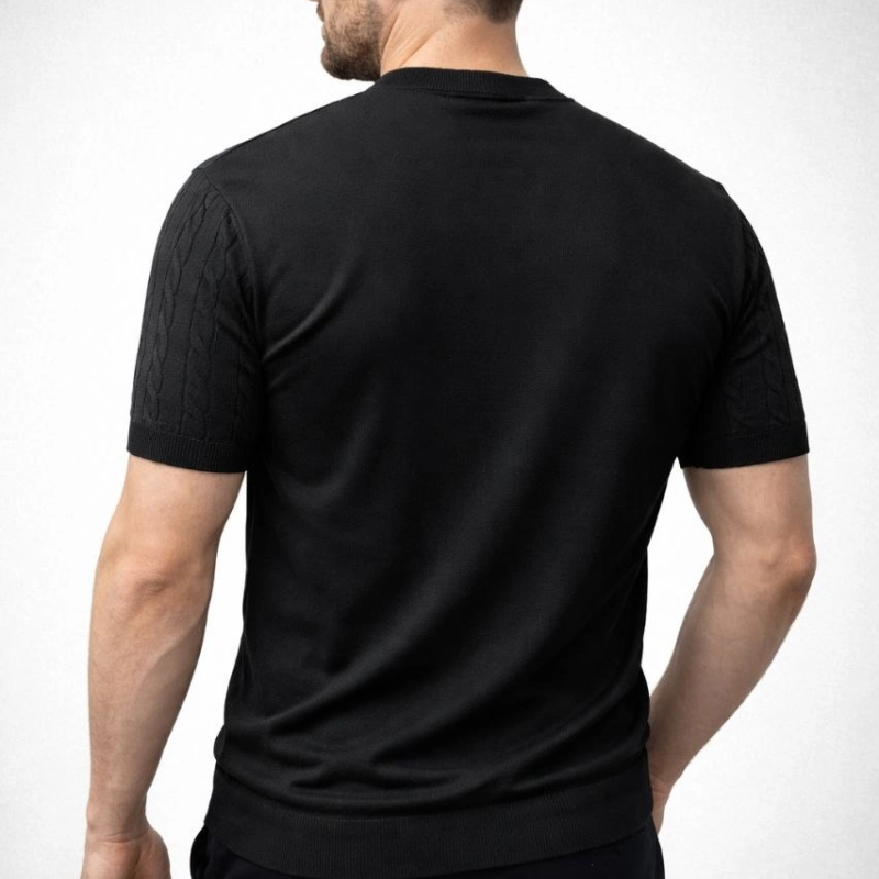 Erkek Yazlık Triko Dokuma Tişört Kısa Kol Bisiklet Yaka Örgü Desenli T-Shirt - Siyah