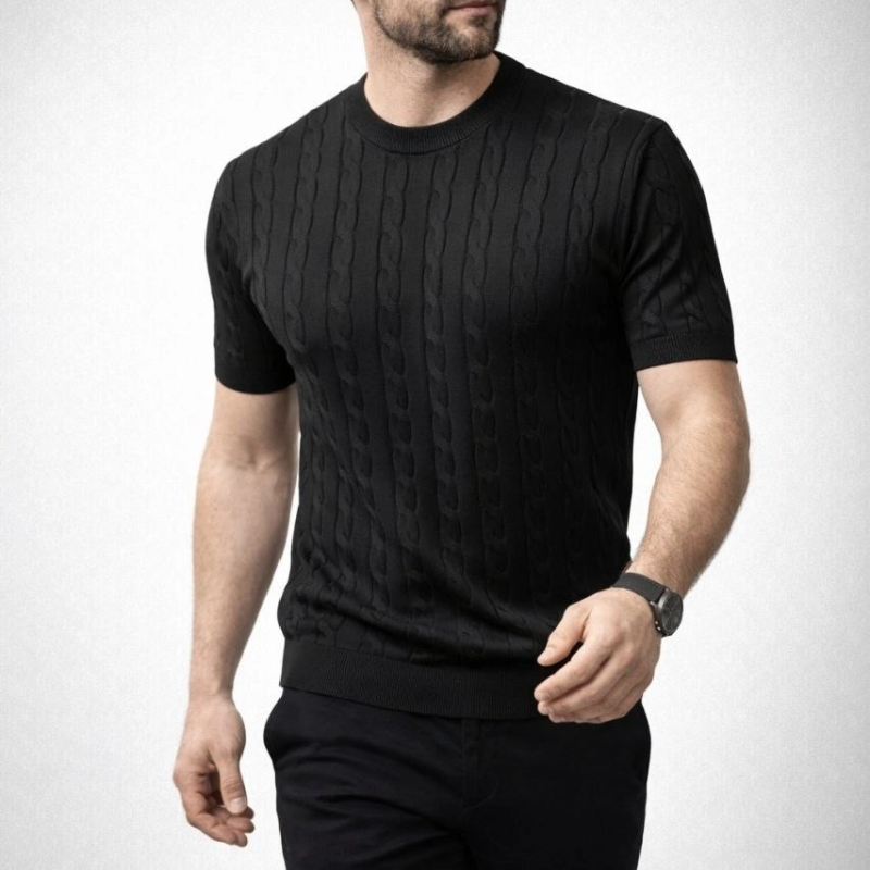 Erkek Yazlık Triko Dokuma Tişört Kısa Kol Bisiklet Yaka Örgü Desenli T-Shirt - Siyah