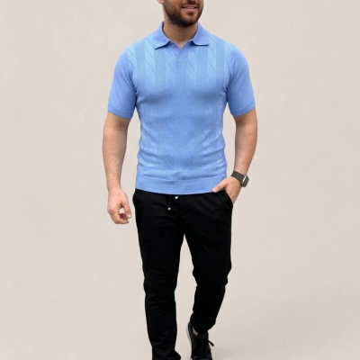Erkek Yazlık Triko Dokuma Tişört Kısa Kol Polo Yaka T-Shirt - Bebek Mavisi