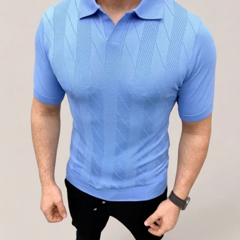 Erkek Yazlık Triko Dokuma Tişört Kısa Kol Polo Yaka T-Shirt - Bebek Mavisi