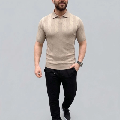 Erkek Yazlık Triko Dokuma Tişört Kısa Kol Polo Yaka T-Shirt - Bej