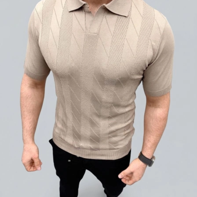 Erkek Yazlık Triko Dokuma Tişört Kısa Kol Polo Yaka T-Shirt - Bej