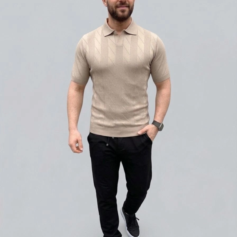 Erkek Yazlık Triko Dokuma Tişört Kısa Kol Polo Yaka T-Shirt - Bej