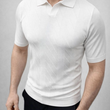 Erkek Yazlık Triko Dokuma Tişört Kısa Kol Polo Yaka T-Shirt - Beyaz