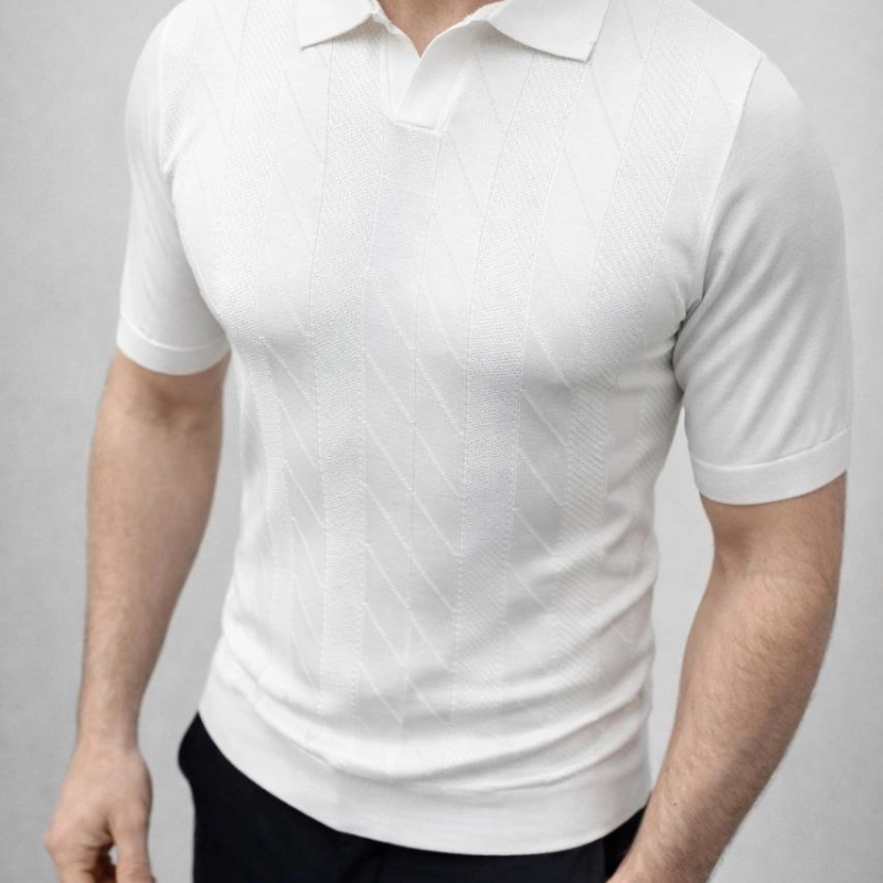 Erkek Yazlık Triko Dokuma Tişört Kısa Kol Polo Yaka T-Shirt - Beyaz