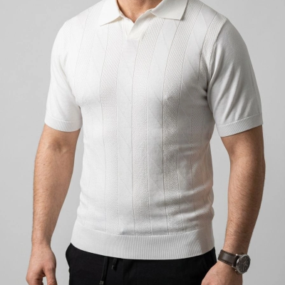 Erkek Yazlık Triko Dokuma Tişört Kısa Kol Polo Yaka T-Shirt - Beyaz