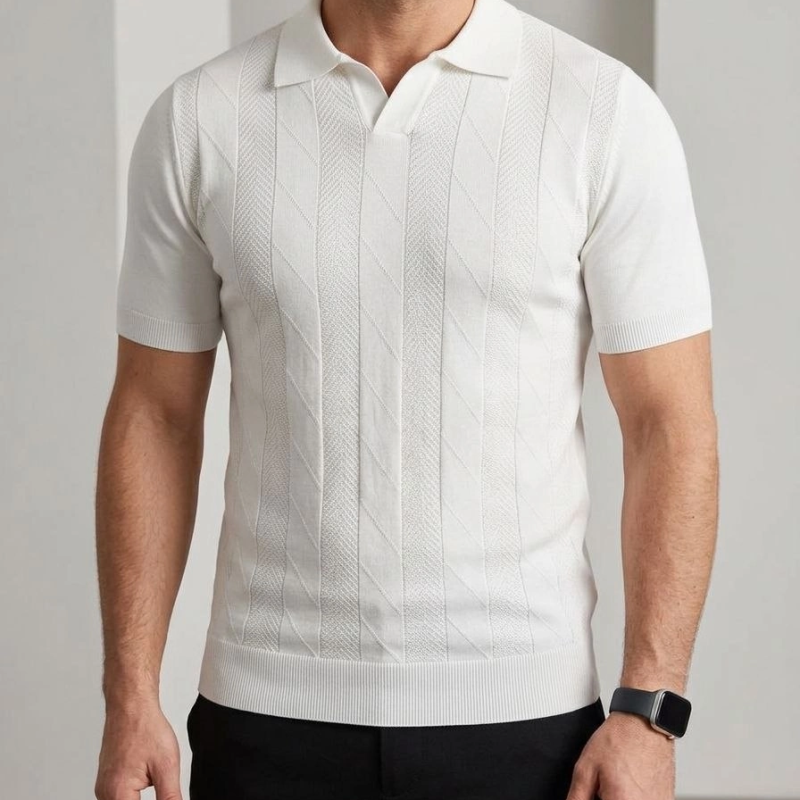 Erkek Yazlık Triko Dokuma Tişört Kısa Kol Polo Yaka T-Shirt - Beyaz