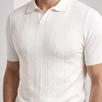 Erkek Yazlık Triko Dokuma Tişört Kısa Kol Polo Yaka T-Shirt - Beyaz
