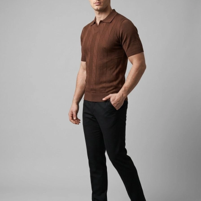 Erkek Yazlık Triko Dokuma Tişört Kısa Kol Polo Yaka T-Shirt - Kahverengi