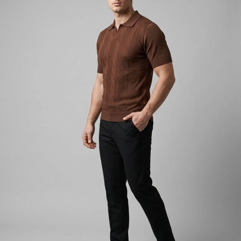 Erkek Yazlık Triko Dokuma Tişört Kısa Kol Polo Yaka T-Shirt - Kahverengi