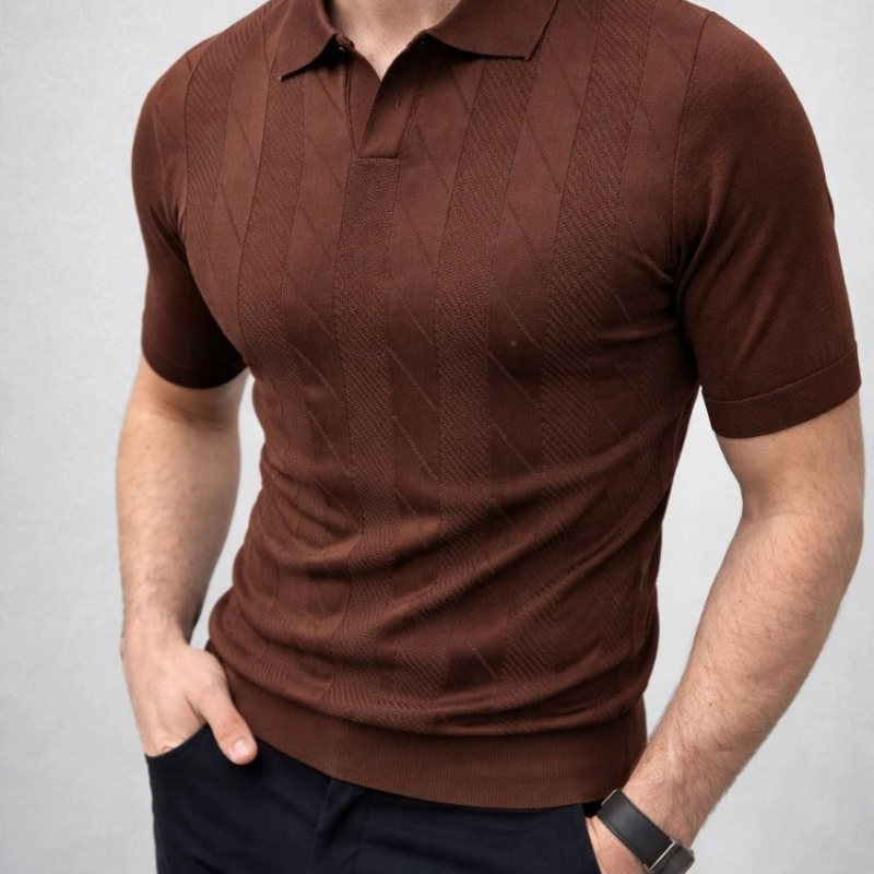 Erkek Yazlık Triko Dokuma Tişört Kısa Kol Polo Yaka T-Shirt - Kahverengi
