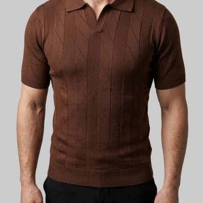 Erkek Yazlık Triko Dokuma Tişört Kısa Kol Polo Yaka T-Shirt - Kahverengi