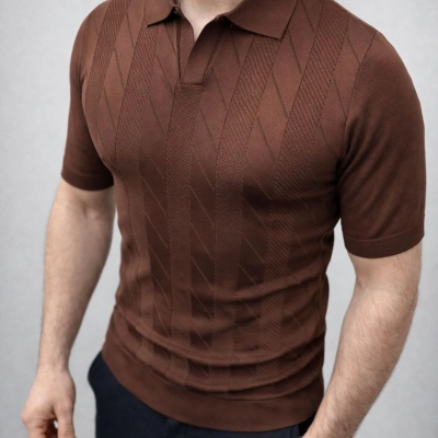 Erkek Yazlık Triko Dokuma Tişört Kısa Kol Polo Yaka T-Shirt - Kahverengi