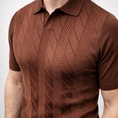 Erkek Yazlık Triko Dokuma Tişört Kısa Kol Polo Yaka T-Shirt - Kahverengi