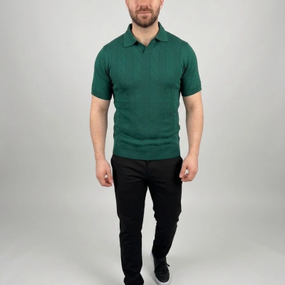 Erkek Yazlık Triko Dokuma Tişört Kısa Kol Polo Yaka T-Shirt - Koyu Yeşil
