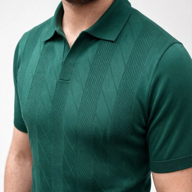 Erkek Yazlık Triko Dokuma Tişört Kısa Kol Polo Yaka T-Shirt - Koyu Yeşil