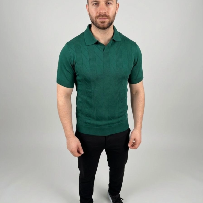 Erkek Yazlık Triko Dokuma Tişört Kısa Kol Polo Yaka T-Shirt - Koyu Yeşil