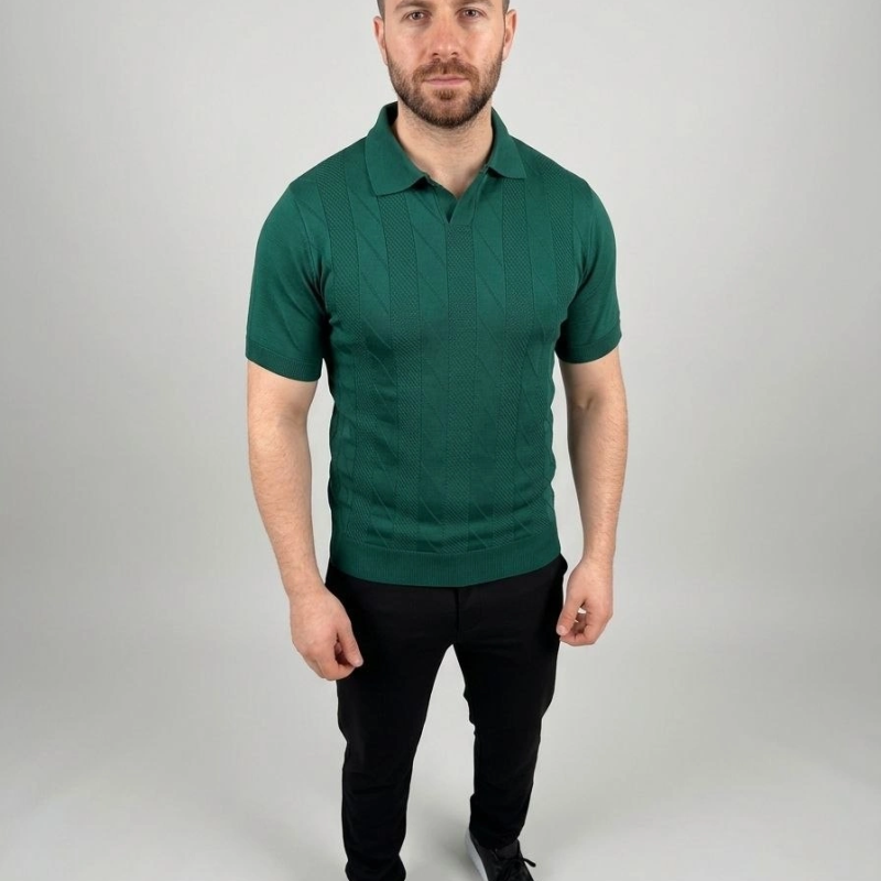 Erkek Yazlık Triko Dokuma Tişört Kısa Kol Polo Yaka T-Shirt - Koyu Yeşil