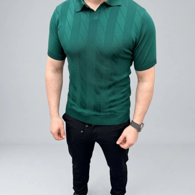 Erkek Yazlık Triko Dokuma Tişört Kısa Kol Polo Yaka T-Shirt - Koyu Yeşil