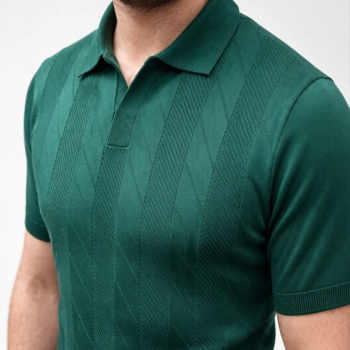 Erkek Yazlık Triko Dokuma Tişört Kısa Kol Polo Yaka T-Shirt - Koyu Yeşil
