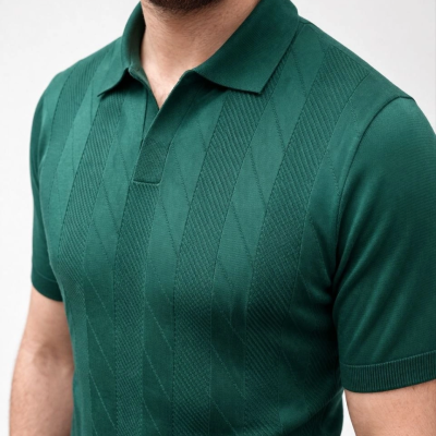 Erkek Yazlık Triko Dokuma Tişört Kısa Kol Polo Yaka T-Shirt - Koyu Yeşil