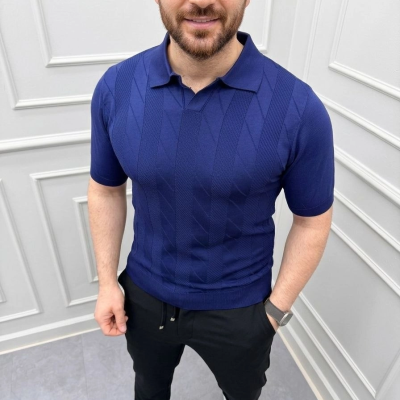 Erkek Yazlık Triko Dokuma Tişört Kısa Kol Polo Yaka T-Shirt - Lacivert