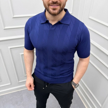 Erkek Yazlık Triko Dokuma Tişört Kısa Kol Polo Yaka T-Shirt - Lacivert