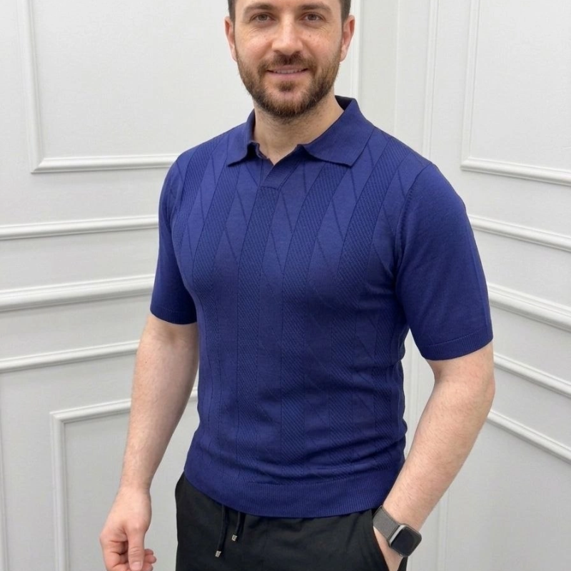 Erkek Yazlık Triko Dokuma Tişört Kısa Kol Polo Yaka T-Shirt - Lacivert