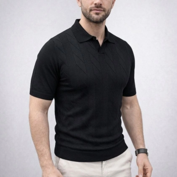 Erkek Yazlık Triko Dokuma Tişört Kısa Kol Polo Yaka T-Shirt - Siyah