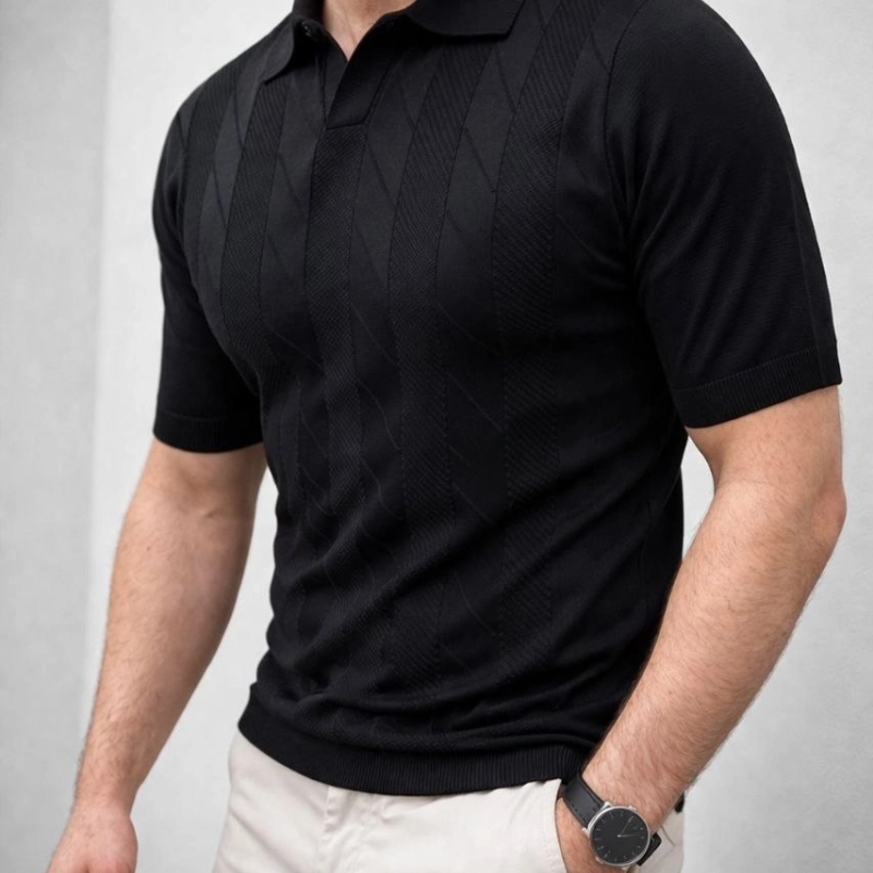 Erkek Yazlık Triko Dokuma Tişört Kısa Kol Polo Yaka T-Shirt - Siyah